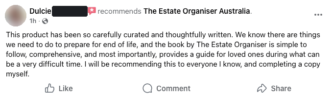 A reader's review of The Estate Organiser on Facebook