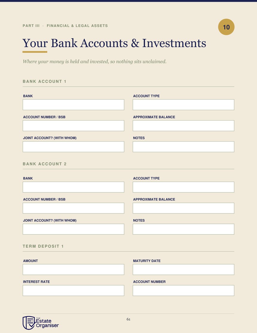 Bank accounts and investments page